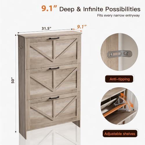 Nicetree Shoe Cabinet for Entryway, 3 Flip Drawers Shoe Storage Cabinet with 3-Tier Adjustable Shelves, Ultra Slim Freestanding Hidden Shoe Organizer with Barn Door Design, Dove Gray - Image 2