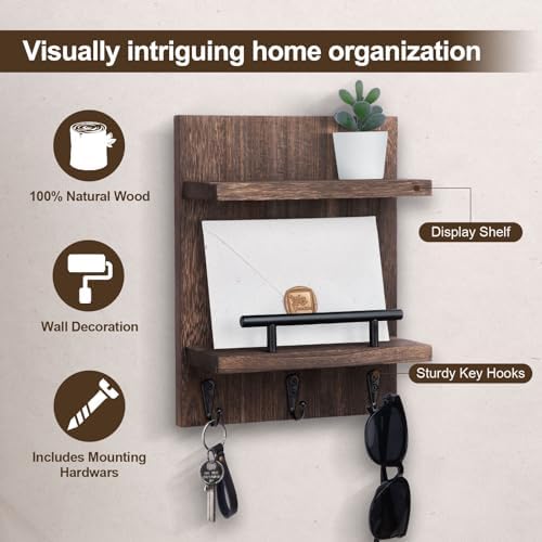 Key Holder Wall Mount, Mail Shelf Decor with 3 Key Hooks, Versatile Wood Wall Organizer for Entryway Hallway (8.2” x 10.6”x 3.6”) (Brown) - Image 3