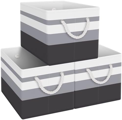 Fab totes Storage Bins 3-Pack, Foldable Storage Baskets for Organizing Toys, Books, Shelves, Closet, Large Storage Box with Rope Handles, Sturdy Organizer Bins,Gradient Grey by Fabtotes
