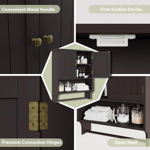 Smuxee Brown Wall Cabinet with Towel Bar - Medicine Cabinet with Adjustable Shelves, Over Toilet Cabinet for Laundry Room Kitchen - Image 5