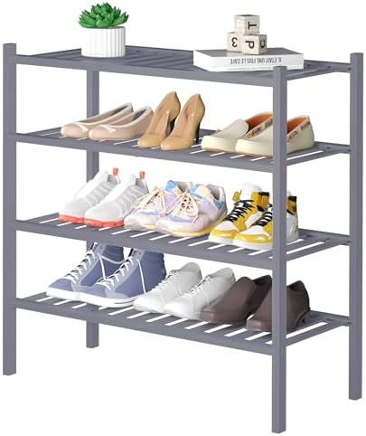 ROMGUAR CRAFT 4 Tier Bamboo Shoe Rack for Closet Free Standing Wood Shoe Shelf for Entryway Small Space Stackable 27"x11"x26" (Grey) by ROMGUAR+CRAFT