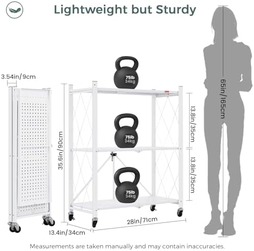 DEANIC 3 Tier Foldable Storage Shelves with Wheels, Kitchen Appliance Stand, Freestanding Metal Wire Shelf Rack, No Assembly Organizer Rolling Cart for Garage, Basement, Pantry(White) - Image 3