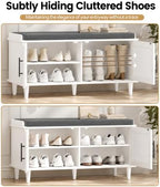 Akxomel 39.4" Rattan Shoe Storage Bench 2 Doors Wooden Entryway Bench White - Image 5