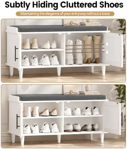 Akxomel 39.4" Rattan Shoe Storage Bench 2 Doors Wooden Entryway Bench White - Image 5