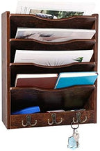 PAG-Mass 5-Tier Wall File Holder Hanging Mail Organizer Wood Magazine Literature Rack with 6 Hooks, Brown - Image 2
