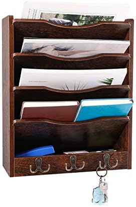 PAG-Mass 5-Tier Wall File Holder Hanging Mail Organizer Wood Magazine Literature Rack with 6 Hooks, Brown - Image 2