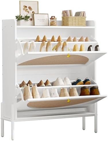 IRONCK Rattan Shoe Cabinet Storage with 2 Flip Drawers, White by IRONCK