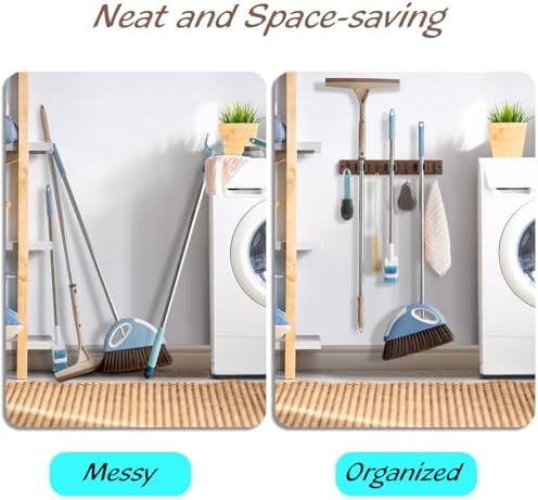 OUTNILI 2 Pack Mop Broom Holder Wall Mount with 3 Slots & 4 Hooks - Rustic Wood Broom Mop Hanger for Pantry Kitchen Organization - Garden Tool Organizer for Closet Laundry Room - Image 5