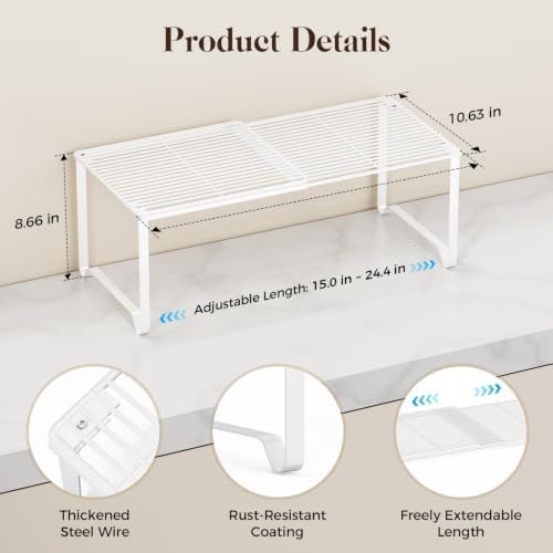 Extendable Metal Wire Shelf Organizer - Adjustable 15-24.4in Length, Stackable Storage Rack for Kitchen/Pantry/Bathroom/Shoe Cabinet/Tool Closet (4, White) - Image 2