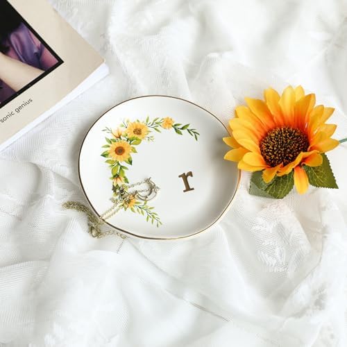 COLLECTIVE HOME - Ceramic Jewelry Tray, Trinket Dish for Rings Earrings Necklaces Bracelet Watch Keys, Birthday Mother's Day Christmas Gift for Women, 4.75", White Surface wirh Sunflowers (r) - Image 2