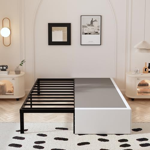 Maenizi 14 Inch Full Bed Frame with White Fabric Cover, Heavy Duty Metal Bed Frame Full, No Box Spring Needed, Support Up to 3000 lbs, Easy Assembly, Noise Free, Black by Maenizi