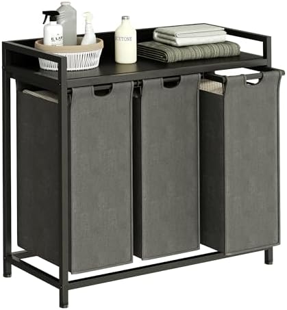 Herture Laundry Hamper with Shelf, Laundry Basket 3 Section, Laundry Sorter with Pull-Out Removable Large Bags and Movable Wheels, Metal Frame, 3 x 15.87 Gallons (60L), Black and Gray PF04XLC by Herture