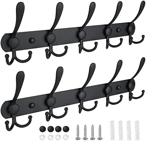 TICONN Wall Mounted Coat Rack, Five Heavy Duty Tri Hooks All Metal Construction for Jacket Coat Hat in Mudroom Entryway (Matte Black, 2-Pack) by TICONN