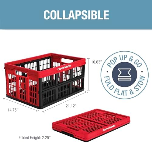 CleverMade Collapsible Utility Crates - Red 1pck 45L / 11 Gal holds 66 lbs - Stackable Containers Heavy Duty Capacity Crates Space-Saving Baskets - Image 2
