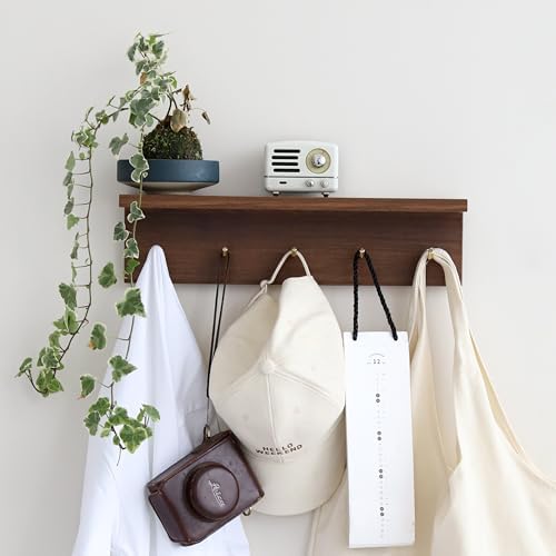 Wall Mount Walnut Coat Rack, 5 Brass Hooks, Floating Shelf - Image 7