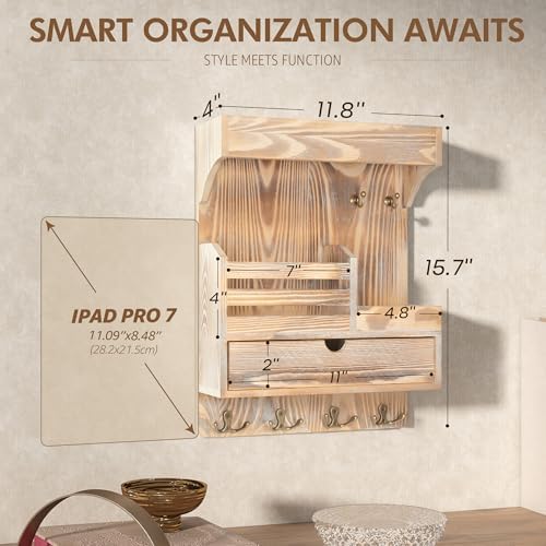 Rebee Vision Key Holder Wall Mount with Drawer for Entryway, Natural Wood - Image 2