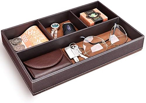 GORESE Faux Leather Valet Tray for Men, Stackable Jewelry Organizer for Drawers Inserts, Nightstand Caddy Tray for Key, Wallet, Sunglass, Watch, Coin, Phone, Bedside Desktop Storage Brown by GORESE