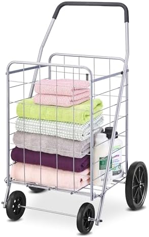 Whitmor Deluxe Utility Foldable Shopping Cart with Wheels, 100 Lb Capacity, Heavy Duty Grocery Cart with Steel Frame, Foam Handle, Rolling Folding Utility Trolley for Grocery, Laundry, Travel, Gray - Image 4