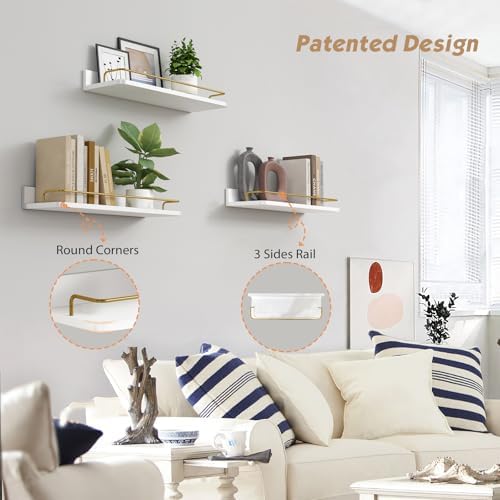 Forbena Gold Floating Shelves for Wall Decor Set of 3, Bathroom Shelves Over Toilet, Modern Display Wall Shelf with Guard Rail for Living Room Bedroom Organizers and Storage - White and Gold - Image 4