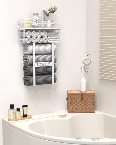 Towel Racks for Bathroom Wall Mounted - Bath Wall Towel Holder Set Above Toilet Storage, Rolled Towel Shelf Organizer for Small Bathroom All White, Wood Vertical Towel Rack for Bathroom Wall Decor - Image 2