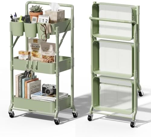 Foldable 3 Tier Rolling Cart, Metal Utility Cart with Wheels by Johgee