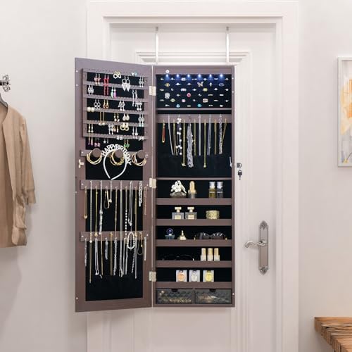 LED Jewelry Cabinet Armoire Organizer,Wall/Door Mount Jewelry Organizer and Storage with Full-Length Mirror Hanging Jewelry Organizer Full Length Mirror with Storage Large Capacity Brown - Image 4