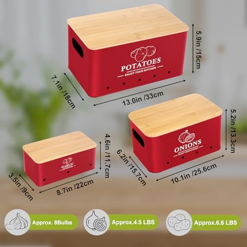 Kitchen Vegetable Storage Set of 3, Metal Onion Garlic Potato Storage Set, Kitchen Canisters Vegetable Keeper Containers with Aerating Holes and Bamboo Lid，Red - Image 4
