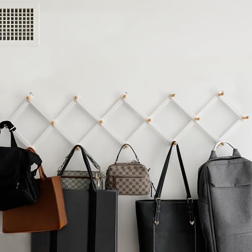 SKOLOO Accordion Wall Hanger with 16 Hooks, Modern Expandable Coat Rack Hat Rack for Wall, Solid Wooden, Natural on White - Image 2