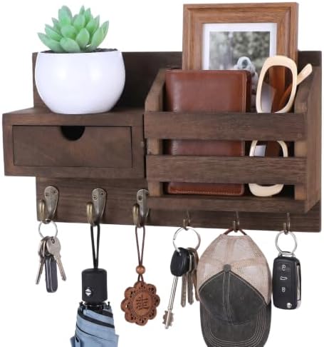 Wall Mount Key Holder with Mail Organizer Mail and Key Organizer with 7 Metal Hooks Storage Drawer Small Shelf Entryway Home Decor Rack Entry WayOrganizer for Coat Dog Leash by Unknown