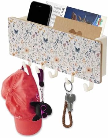 Watercolor Flower Key Holder Wall Mount,Spring Farm Leaf Country Retro Plant White Hanging Mail Organizer with 5 Key Hooks Wall Decorative,Adhesive Key Rack with Shelf for Kitchen Entryway Decor by Unknown