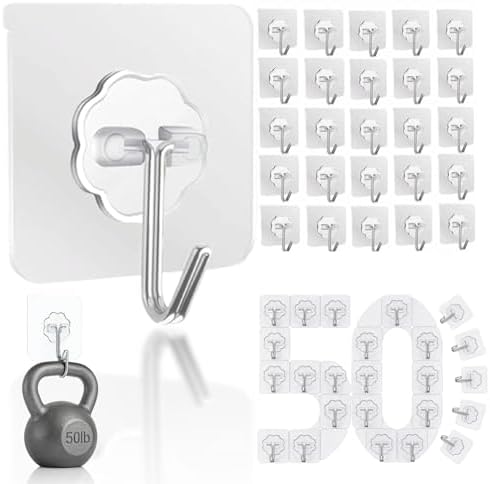 DDMY Hooks for Hanging, 50 Pack Wall Hooks 50lb(Max) Transparent Reusable Waterproof Adhesive Hook for Kitchen Curtain, Towel Hook for Bathrooms, Heavy Duty Self Coat Hook for Walls No Damage by DDMY