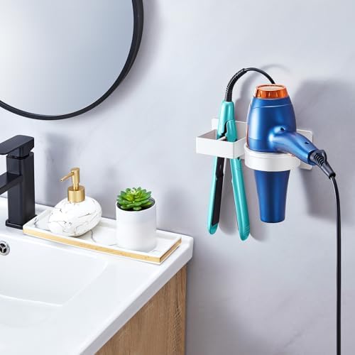 Hair Dryer Holder Wall Mounted, Hair Straightener Holder, Blow Dryer Holder Adhesive, Hair Tool Organizer for Flat Iron, Hairdryer, Curling Iron Holder for Bathroom Vanity Barber Shop (White) - Image 3