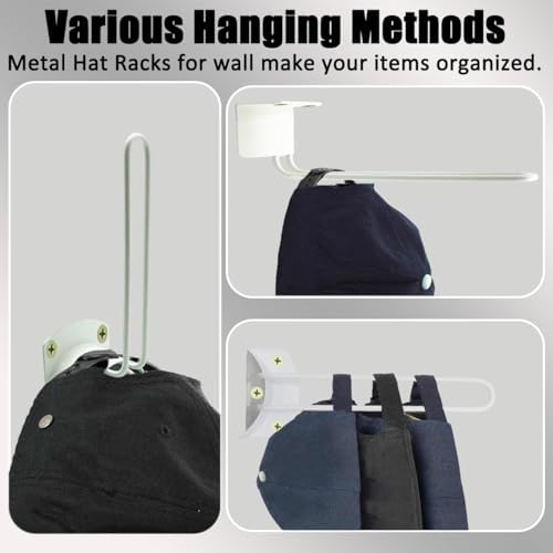 Hat Rack for Wall 2 Pack White, 4.9in Long Hooks Baseball Cap Organizer, Space Saving Ball Cap Storage for Closet Door Bedroom Entryway, Multi-Purpose Hook Holder for Scarves Bags Blankets - Image 6