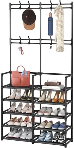 Laiensia 5-Tier Entryway Coat Rack, Coat and Shoe Rack, Entryway Bench Storage Organizer with 8 Hooks for Bedroom, Hallway, Office, Black by Laiensia