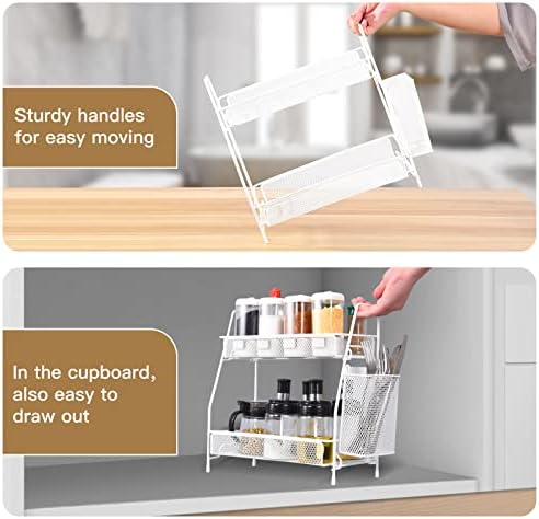 LEMIKKLE Countertop organizer for bathroom counter, bathroom organizers and storage, spice rack organizer for kitchen counter shelf with small basket(White) - Image 7