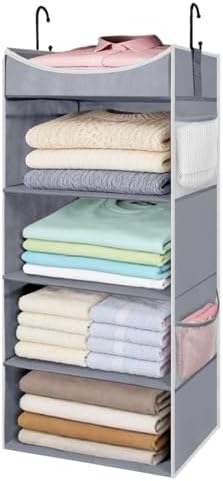 4-Shelf Hanging Closet Organizer and Storage with Side Pockets, Collapsible Closet Hanging Shelves for Storage, Grey by ROOMTALK