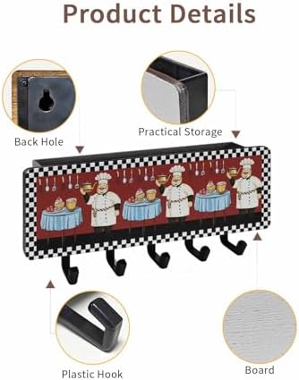 Red Chef Key Holder Wall Mount, Black White Check Black Hanging Mail Organizer with 5 Key Hooks Wall Decorative, Adhesive Key Rack with Shelf for Hallway Kitchen Farmhouse Entryway Decor - Image 2