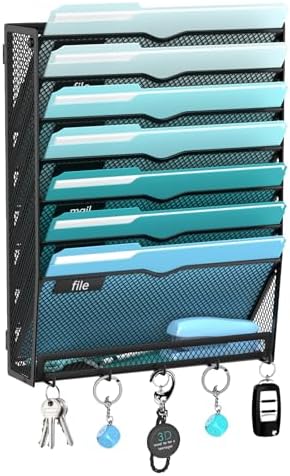 8-Tier Wall File Organizer and Mail Organizer with 5 Hooks, Black by JMHUD