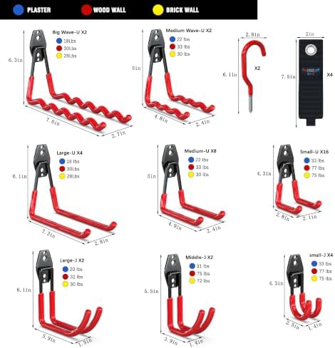 3-H Garage Wall Hooks 46 Pack,Garage Hooks Heavy Duty,Garage Storage Hooks for Hanging and Organizing Garden,Lawn,Yard Tools,Chairs,Ladders,Weed Eater,Shovel,Blower(Red) - Image 2