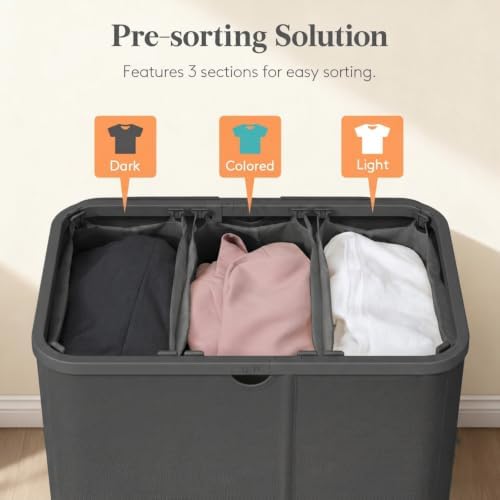 Lifewit 165L 3 Section Laundry Hamper with Lid, Laundry Basket, Dark Gray - Image 3