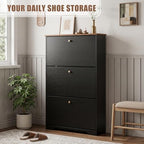 Nicetree Shoe Cabinet, 3 Flip Drawers Slim Black Walnut Top Entry Storage - Image 3