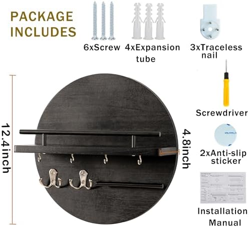 dreampossible Key Holder for Wall Decorative with Shelf and Hooks, Mail Organizer Wall Mount, Circular Design Entryway Key Rack Hanger, Rustic Home Decor (Black) - Image 6