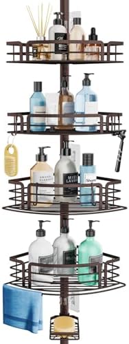 Consumest Corner Shower Caddy Tension Pole - Rustproof Shower Shelves with Towel Bar & Soap Holder, Adjustable Bath Organizer for Bathroom Storage, 27.6-108.3 inch, Bronze by Consumest