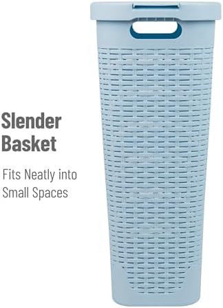 Mind Reader Slim Laundry Hamper with Lid, 40L Clothes Basket, Narrow Tapered Design with Ventilated Cutout Pattern, Plastic, Baby Blue - Image 6