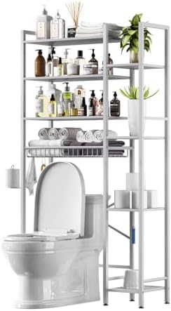 Kalrin 8-Tier Over The Toilet Storage with Side Rack, Over Toilet Storage Rack with Adjustable Shelf & Drain Basket, Freestanding Bathroom Organizer for Balcony, Laundry (Pure White) - Image 4