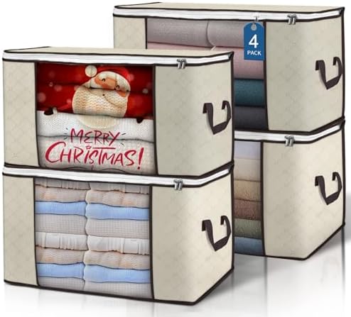 90L Large Storage Bags, 4 Pack Clothes Storage Bins Closet Organizers | Foldable Storage Containers, with Reinforced Handle, for Clothing, Blanket, Comforters, Bed Sheets, Pillows and Toys by BuddingJoy-BuildaJoyfulLifeforYou