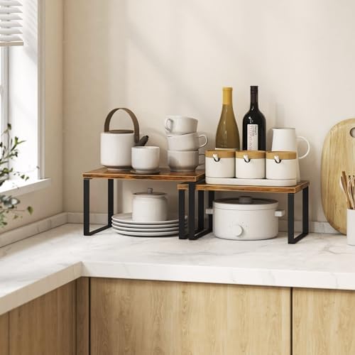 Kitchen Cabinet Organizer Shelf Set of 4, Sturdy Kitchen Counter Shelves with Metal Legs, Stackable Expandable Wood Spice Rack Pantry Cupboard Dish Mug Cup Storage Organizer Shelf, Rustic Brown - Image 2