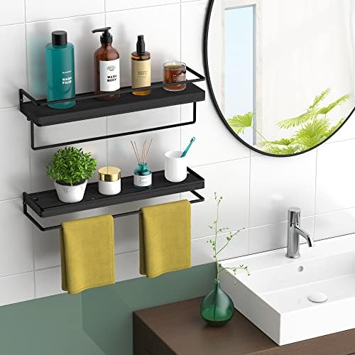 Meangood Floating Shelves Wall Mounted Set of 2, Wall Shelf with Towel Bar Rustic Wood Wall Storage Shelves for Bedroom,Living Room,Bathroom, Kitchen Black - Image 2