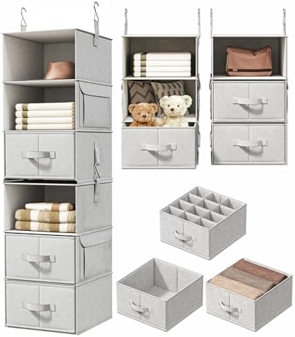 6-Shelf Hanging Closet Organizer with 3 Drawers, Separable, Silver Gray | Converts into Two 3-Shelf Organizers, Foldable Drawers, Side Pockets, Ideal for Wardrobe, Nursery, Dorm & Closet Storage by Vailando