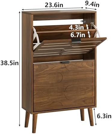 Shoe Cabinet Storage for Entryway with 2 Flip Drawers, Narrow Shoe Cabinet for Entryway, Hidden Slim Shoe Organizer Rack Cabinet (Brown, 23.6" W) - Image 2